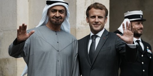 French President Emmanuel Macron welcomes Crown Prince of the Emirate of Abu Dhabi Mohammed bin Zayed at the Fontainebleau castle, south of Paris, France, Sept. 15, 2021. (AP Photo/Thibault Camus)