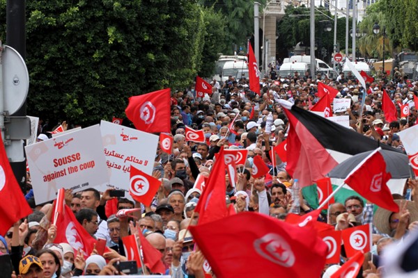 Tunisians demonstrate against Tunisian President Kais Saied in Tunis, Tunisia, Oct. 10, 2021 (AP photo by Hassene Dridi).
