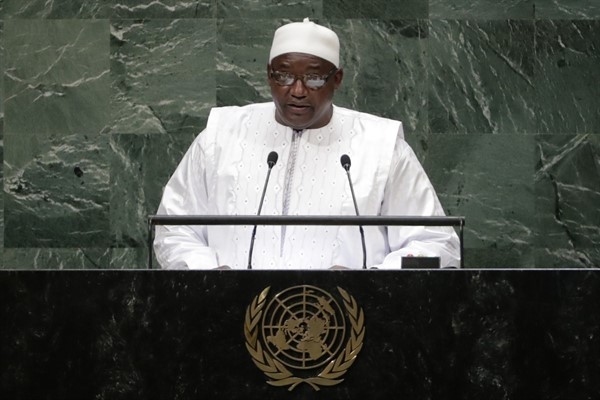 Gambian President Adama Barrow addresses the 73rd session of the United Nations General Assembly, at the United Nations headquarters, Sept. 25, 2018 (AP photo by Frank Franklin II).