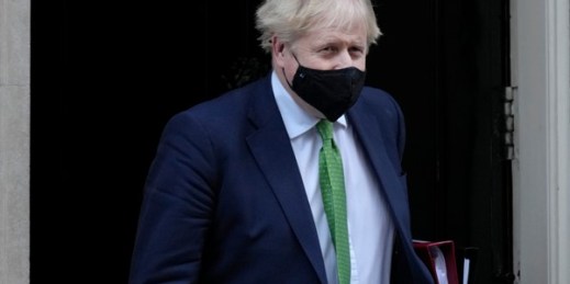 British Prime Minister Boris Johnson leaves 10 Downing Street, in London, Jan. 19, 2022 (AP photo by Kirsty Wigglesworth).
