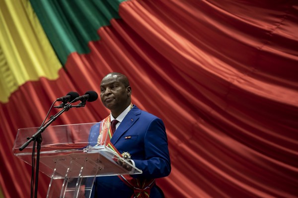 Central African Republic President Faustin-Archange Touadera delivers his speech during his inaugural ceremony in Bangui, March 30, 2021 (AP photo by Adrienne Surprenant).