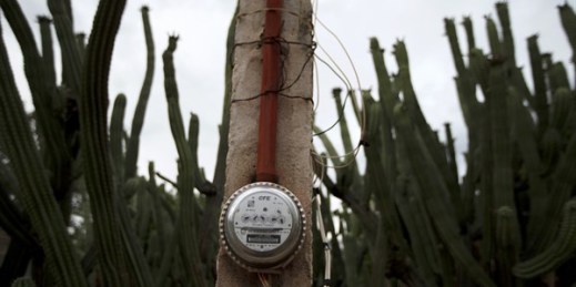 A Federal Electricity Commission, or CFE, electric meter is attached to a pole in San Jeronimo Xayacatlan, Mexico, June 24, 2020 (AP file photo by Fernando Llano).