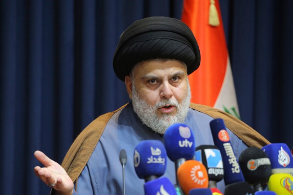 Populist Shiite cleric Muqtada al-Sadr in Najaf, Iraq, Nov. 18, 2021 (AP photo by Anmar Khalil).