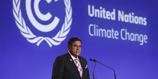 Suriname’s President Chan Santokhi speaks during the COP26 Climate Change Conference in Glasgow, Scotland, Nov. 2, 2021 (photo by Adrian Dennis via AP).