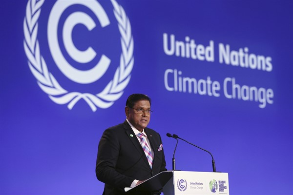 Suriname’s President Chan Santokhi speaks during the COP26 Climate Change Conference in Glasgow, Scotland, Nov. 2, 2021 (photo by Adrian Dennis via AP).