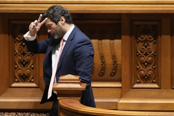 Andre Ventura, leader of the populist, far-right Chega! party reacts to someone shouting “Fascist!” as he leaves the lectern in the Portuguese Parliament, Lisbon, Oct. 27, 2021 (AP photo by Armando Franca).