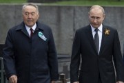 Russian President Vladimir Putin and Kazakhstan’s former president, Nursultan Nazarbayev, arrive to attend the Victory Day military parade, Moscow, Russia, May 9, 2019 (AP photo by Alexander Zemlianichenko).