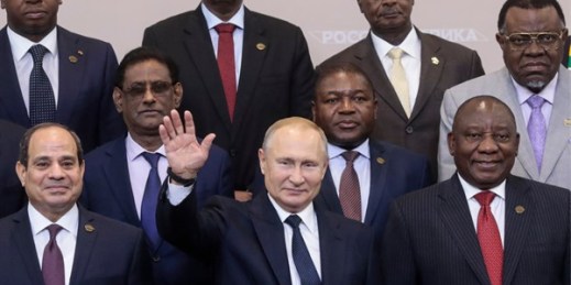 Russian President Vladimir Putin, center, with leaders of African countries at the Russia-Africa summit in the Black Sea resort of Sochi, Russia, Oct. 24, 2019 (pool photo by Sergei Chirikov via AP Images).