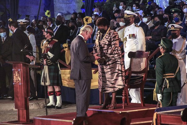 Barbados’ new President Sandra Mason awards Prince Charles with the Order of Freedom of Barbados during the presidential inauguration ceremony in Bridgetown, Barbados, Nov. 30, 2021 (AP photo by David McD Crichlow).