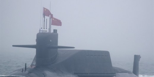 A new type 094A Jin-class nuclear submarine of the Chinese People’s Liberation Army Navy participates in a naval parade to commemorate the 70th anniversary of the founding of China’s PLA Navy, in the sea near Qingdao, Shandong province, April 23, 2019 (AP