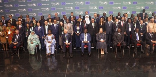 The family portrait at a joint African Union and European Union ministerial meeting in Kigali, Rwanda, Oct. 26, 2021 (Belga/Sipa photo by Hatim Kaghat via AP Images).