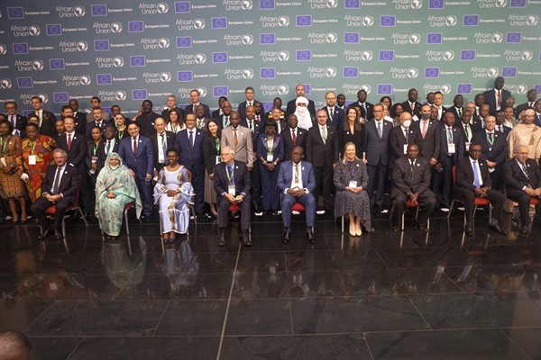 The family portrait at a joint African Union and European Union ministerial meeting in Kigali, Rwanda, Oct. 26, 2021 (Belga/Sipa photo by Hatim Kaghat via AP Images).