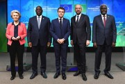 Ursula von der Leyen, Macky Sall, Emmanuel Macron, Charles Michel and AU Commission Chairperson Mahamat Moussa Faki pose for a photo in Brussels, Feb. 18, 2022 (AP photo by John Thys).