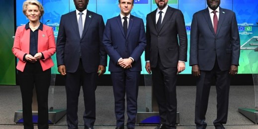 Ursula von der Leyen, Macky Sall, Emmanuel Macron, Charles Michel and AU Commission Chairperson Mahamat Moussa Faki pose for a photo in Brussels, Feb. 18, 2022 (AP photo by John Thys).
