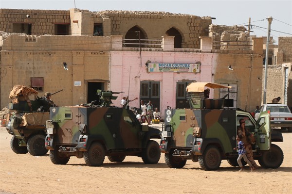 French forces deployed as part of Operation Barkhane patrol the streets of Timbuktu, Mali, Sept. 29, 2021 (AP photo by Moulaye Sayah).