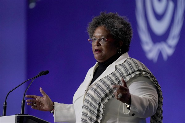 Barbadian Prime Minister Mia Mottley speaks during the opening ceremony of the COP26 U.N. Climate Summit in Glasgow, Scotland, Nov. 1, 2021 (AP file photo by Alberto Pezzali).