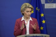European Commission President Ursula von der Leyen discusses the EU Chips Act at a press conference, Brussels, Feb. 8, 2022 (AP pool photo by Virginia Mayo).