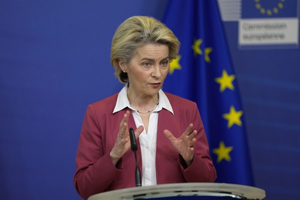 European Commission President Ursula von der Leyen discusses the EU Chips Act at a press conference, Brussels, Feb. 8, 2022 (AP pool photo by Virginia Mayo).