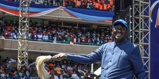 Former Kenyan Prime Minister Raila Odinga arrives at a rally of his supporters to declare his 2022 presidential bid, Nairobi, Kenya, Dec. 10, 2021 (Sipa photo by Donwilson Odhiambo via AP Images).