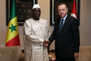 Turkish President Recep Tayyip Erdogan, right, and Senegal President Macky Sall shake hands prior to their meeting in Johannesburg, South Africa, July 26, 2018 (Presidential Press Service via AP, Pool).