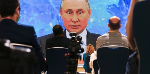 Russian President Vladimir Putin speaks via video call during a news conference in Moscow, Russia, Dec. 17, 2020 (AP photo by Alexander Zemlianichenko).