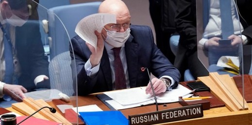 Russia’s UN Ambassador Vasily Nebenzya addresses the United Nations Security Council, Jan. 31, 2022 (AP photo by Richard Drew).