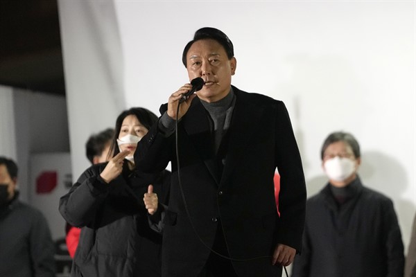 Yoon Suk Yeol speaks during the presidential election campaign in Seoul, South Korea, March 8, 2022 (AP photo by Lee Jin-man).