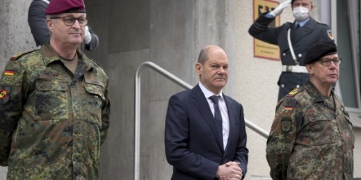 German Chancellor Olaf Scholz arrives for a visit of the German armed forces’ Joint Operations Command in Schwielowsee, Germany, on March 4, 2022 (AP photo by Michael Sohn).