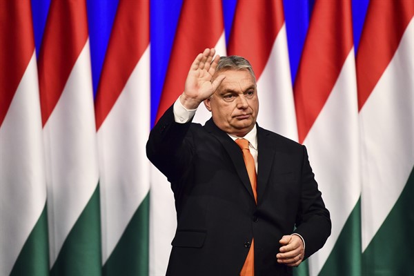 Hungarian Prime Minister Viktor Orban waves after his annual state of the nation speech in Varkert Bazaar conference hall, Budapest, Hungary, Feb. 12, 2022 (AP photo by Anna Szilagyi).