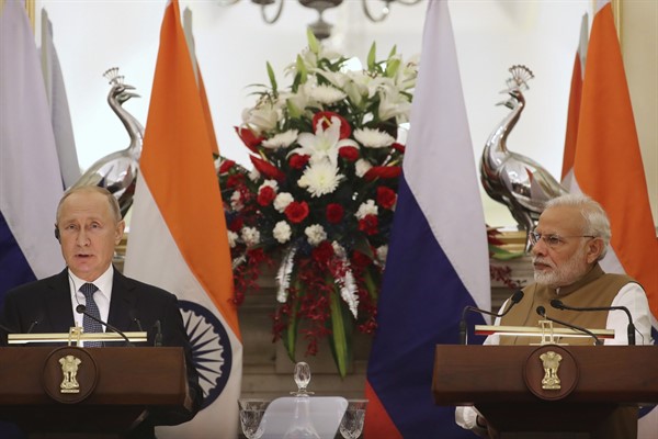 Russian President Vladimir Putin and Indian Prime Minister Narendra Modi at a press conference after the signing ceremony for India’s purchase of Russian S-400 air defense systems in New Delhi, India, Oct. 5, 2018 (AP photo by Manish Swarup).