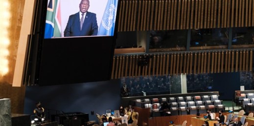 South African President Cyril Ramaphosa speaks via video link during the 76th Session of the U.N. General Assembly, New York, Sept. 23, 2021 (AP photo by Spencer Platt).