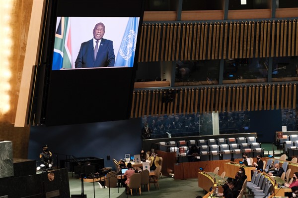 South African President Cyril Ramaphosa speaks via video link during the 76th Session of the U.N. General Assembly, New York, Sept. 23, 2021 (AP photo by Spencer Platt).