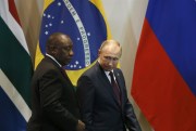 South African President Cyril Ramaphosa and Russian President Vladimir Putin arrive at a BRICS Summit event at the Itamaraty Palace in Brasilia, Brazil, Nov. 14, 2019. (AP photo by Eraldo Peres).