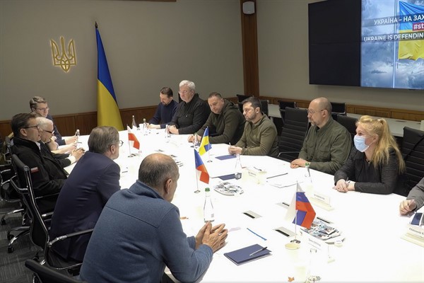 Ukrainian President Volodymyr Zelensky speaks during a meeting with the prime ministers of Slovenia, Czech Republic and Poland in Kyiv, Ukraine, March 15, 2022 (photo by the Ukrainian Presidential Press Office via AP).