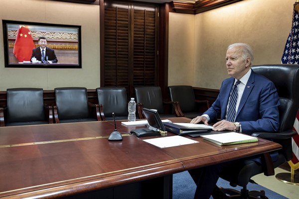 U.S. President Joe Biden meets virtually from the Situation Room at the White House with Chinese President Xi Jinping, March 18, 2022, Washington (White House photo via AP).