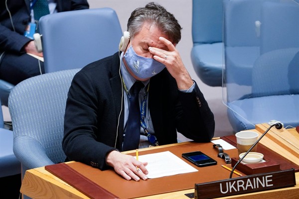 Ukraine’s ambassador to the United Nations, Sergiy Kyslytsya, listens during the U.N. Security Council meeting on the Russian invasion of Ukraine, at the U.N. headquarters in New York, Feb. 25, 2022 (AP photo by John Minchillo).
