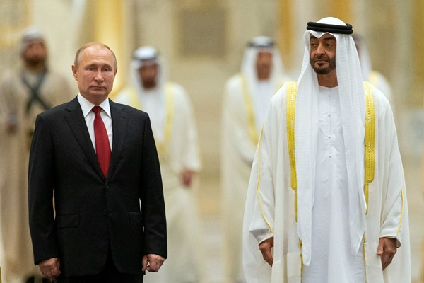Russian President Vladimir Putin and Abu Dhabi Crown Prince Mohamed bin Zayed al-Nahyan.