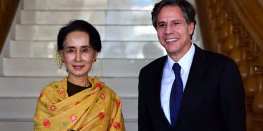 State Counsellor of Myanmar Aung San Suu Kyi poses with U.S. Deputy Secretary of State Antony Blinken.