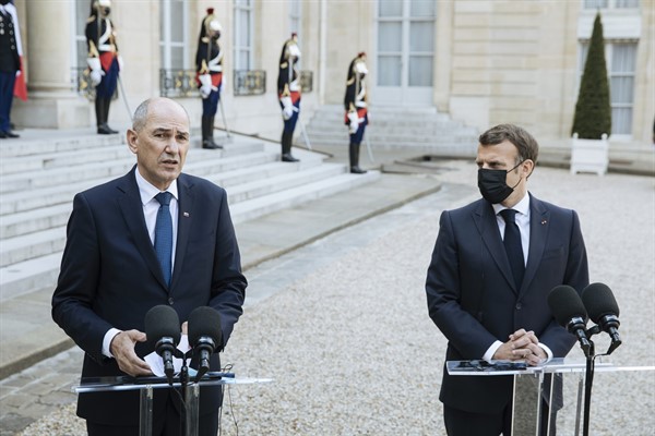 Slovenian Prime Minister Janez Jansa, left, speaks during a press conference with French President Emmanuel Macron, prior to their working lunch at the Elysee palace in Paris, April 29, 2021 (AP photo by Lewis Joly).