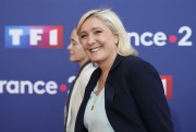 French far-right leader Marine Le Pen arrives at a television recording studio for a debate with President Emmanuel Macron in La Plaine-Saint-Denis, outside Paris, April 20, 2022 (AP photo by Francois Mori).