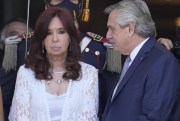 Argentina’s Vice President Cristina Fernandez and President Alberto Fernandez stand outside Congress after attending the ceremony marking the year’s opening session, Buenos Aires, Argentina, March 1, 2022 (AP photo by Natacha Pisarenko).