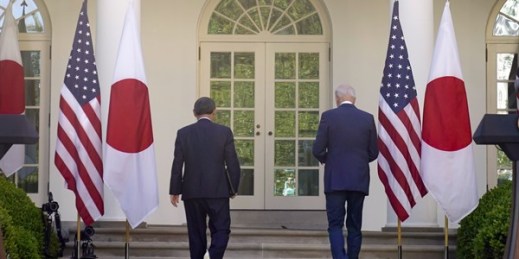President Joe Biden and then-Japanese Prime Minister Yoshihide Suga leave after a news conference in the Rose Garden of the White House, Washington, April 16, 2021 (AP photo by Andrew Harnik).