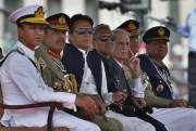 Pakistani Prime Minister Imran Khan, third from left, and top military officials attend a military parade to mark Pakistan National Day in Islamabad, Pakistan, March 23, 2022 (AP photo by Anjum Naveed).