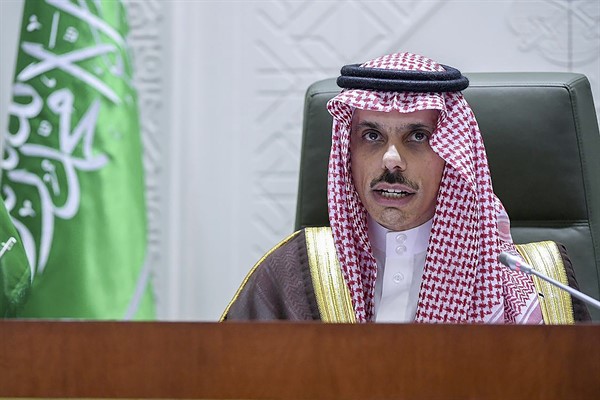 Saudi Foreign Minister Prince Faisal bin Farhan speaks during a news conference in Riyadh, Saudi Arabia, March 22, 2021 (Saudi Press Agency photo via AP).