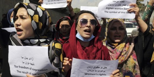 Women gather to demand their rights under the Taliban rule during a protest in Kabul, Afghanistan, Sept. 3, 2021 (AP photo by Wali Sabawoon).