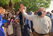 U.N. Secretary-General Antonio Guterres waves to the crowds upon arrival in Maiduguri, Nigeria, May 3, 2022 (AP photo by Chinedu Asadu).