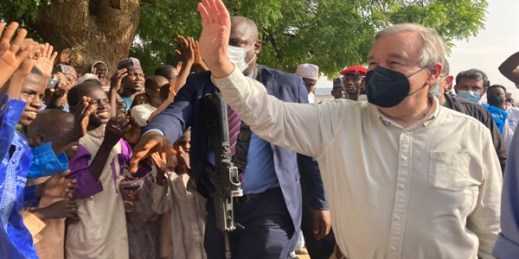 U.N. Secretary-General Antonio Guterres waves to the crowds upon arrival in Maiduguri, Nigeria, May 3, 2022 (AP photo by Chinedu Asadu).