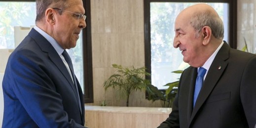 Algerian President Abdelmadjid Tebboune, right, greets Russian Foreign Minister Sergey Lavrov in Algiers, Algeria, May 10, 2022 (Russian Foreign Ministry Press Service photo via AP).