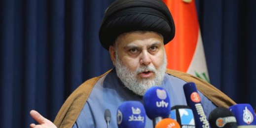 Muqtada al-Sadr speaks during a press conference in Najaf, Iraq, Nov. 18, 2021 (AP photo by Anmar Khalil).