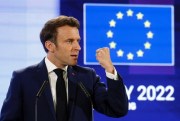 French president Emmanuel Macron gestures as he delivers a speech during the Conference on the Future of Europe, in Strasbourg, France, May 9, 2022 (AP photo by Jean-Francois Badias).